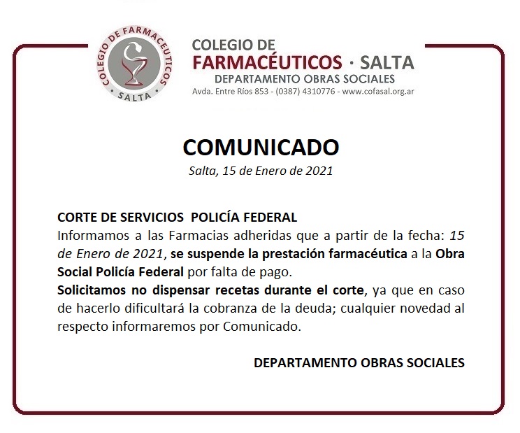 Cofasal - Suspensión de la Obra Social Policía Federal